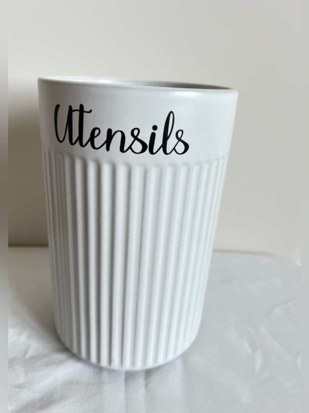 White Ribbed Ceramic Utensil Holder Crock - Farmhouse Decor